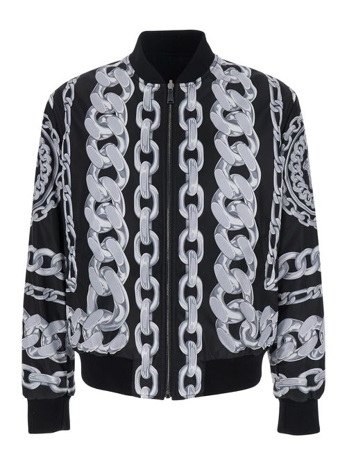 Black Reversible Bomber Jacket With All-over Chain Print In Tech Fabric Man