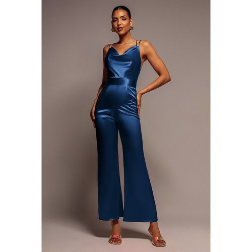 Goddiva Satin Cowl Neck Romper - Navy Blue