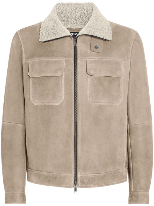 Shearling-collar suede jacket - Neutrals