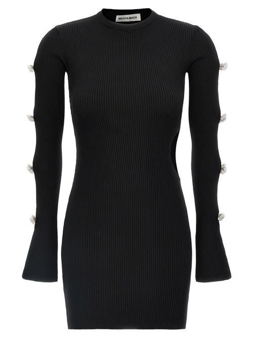 Rhinestone-Bow Ribbed Viscose Bodysuit — Black