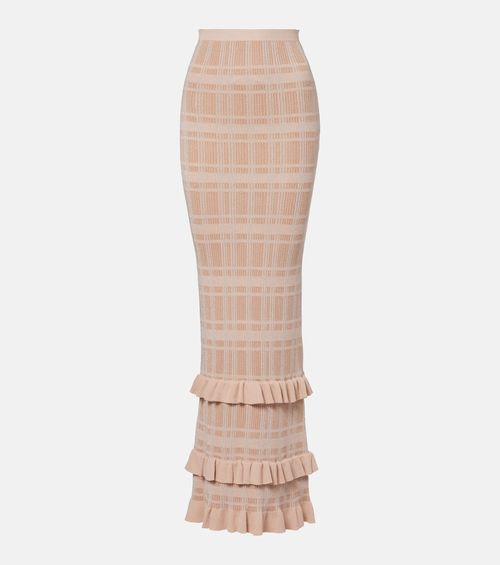 Petra checked ribbed-knit ruffled pencil skirt