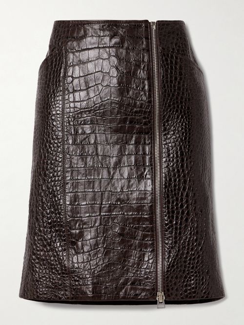 Croc-effect Leather Skirt - Brown