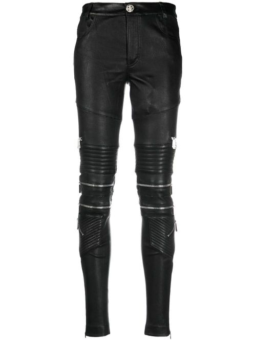 Lambskin skinny-fit zipped trousers - Black