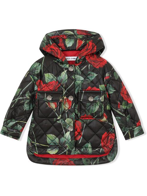 Rose-print quilted parka coat - Black