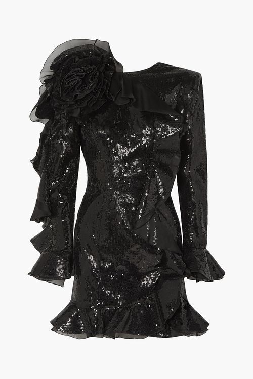 Ruffled organza-trimmed sequined crepe mini dress - Black - IT 44
