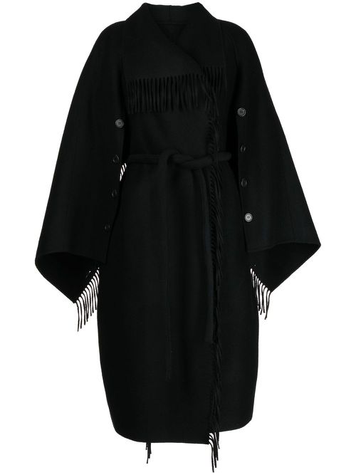 Double-breasted fringe-detail wool coat - Black