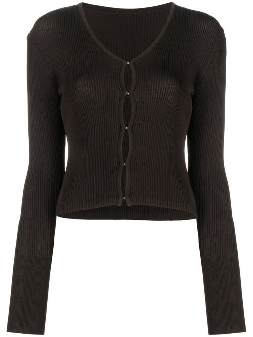 Hook-fastening ribbed cardigan - Brown