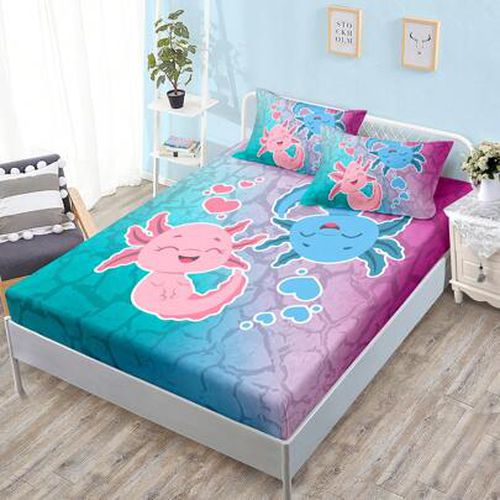 Axolotl Bedding Set Pink And Blue Axolotl Pattern Kawaii Twin Fitted Sheet Set For Bedroom Decor,1 Fitted Sheet+2 Pillowcase