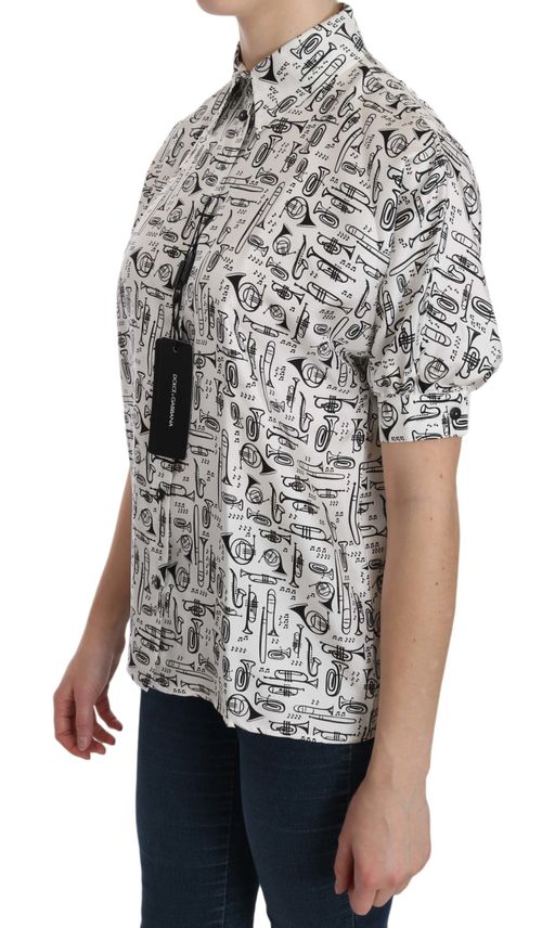 Musical Instrument Print Silk Blouse — White