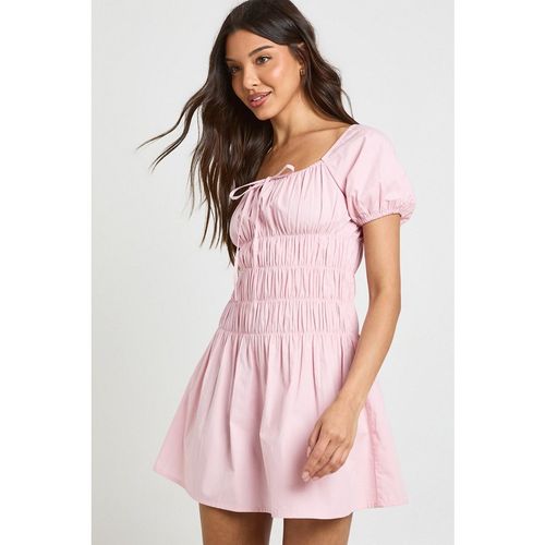 Boohoo Womens Cotton Poplin Shirred Bodice Puff Sleeve Mini Dress - Light Pink