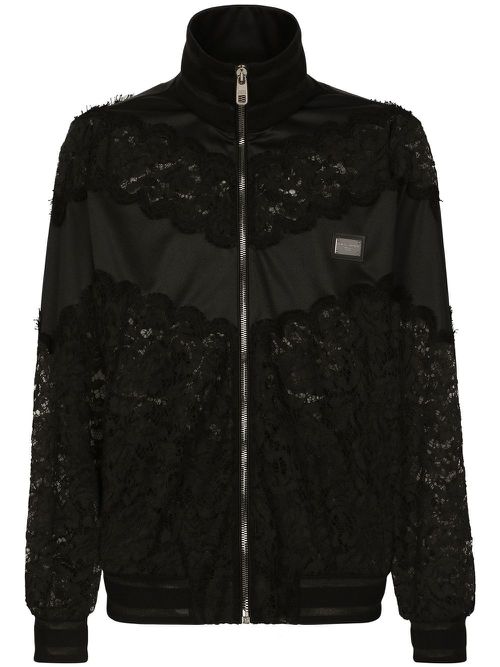 Lace-trim zip-up jacket - Black