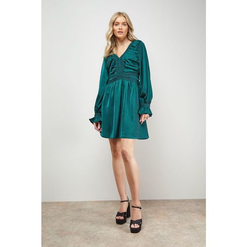 Oasis Womens Lace Trim Gathered V Neck Mini Dress - Forest Green