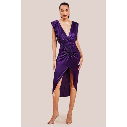 Goddiva Satin Wrap Knotted Midi Dress - Purple