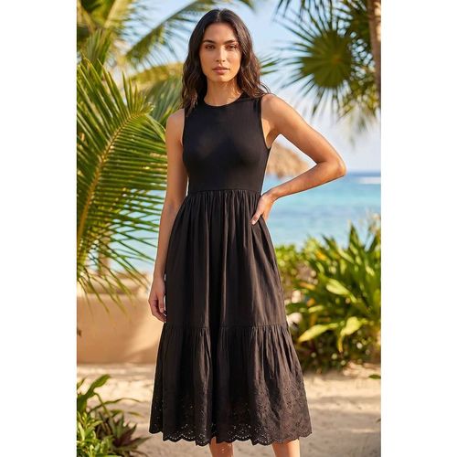 Roman Women's Cotton Broderie Midi Dress in Black