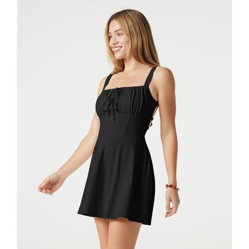 Halara Crisscross Backless Square Neck Sleeveless Ruched Built-in Bra Mini Resort Flowy Milkmaid Dress - Black
