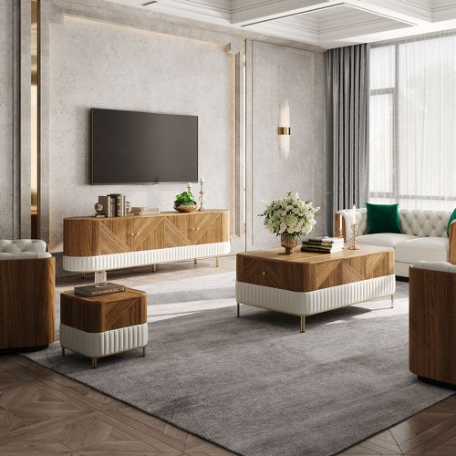 Living Room Cabinet Set Mid-Century Modern Walnut & Leather TV Stand & Coffee Table & Side Table Set