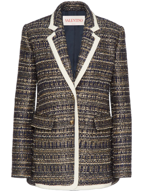 Tweed Contrasting-Trim Blazer — Navy