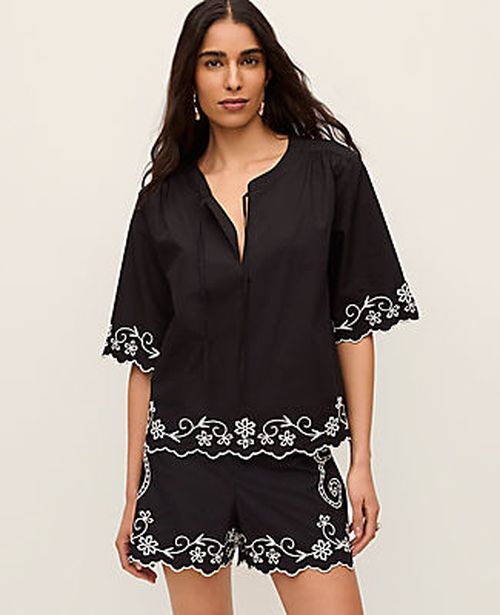 Ann Taylor Petite Embroidered V-Neck Blouse