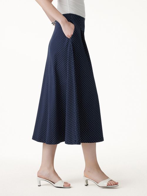 Polka Dots Flared Midi Skirt with Pockets - Navy/White Polka Dot
