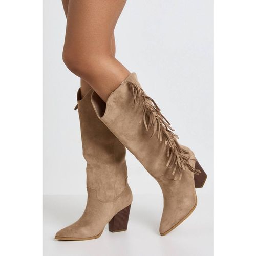 Boohoo Women's Faux Suede Fringe Detail Fold Over Western Cowboy Boots in Taupe