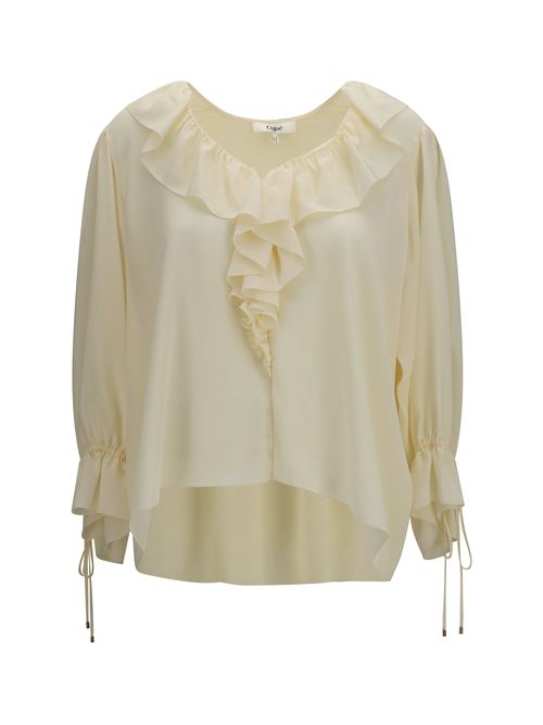 Ruffled V-Neck Silk Shirt — White