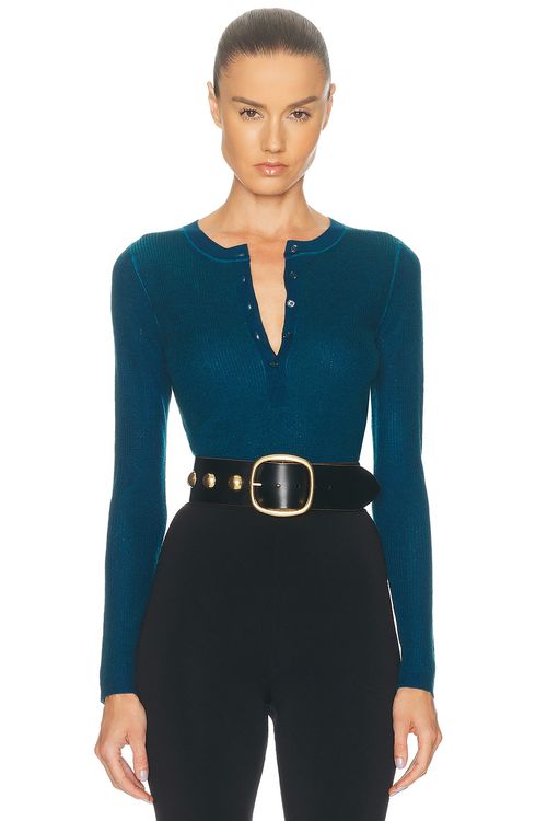 Chloe Knit Long Sleeve Top in Obscure Blue - Teal. L also in M
