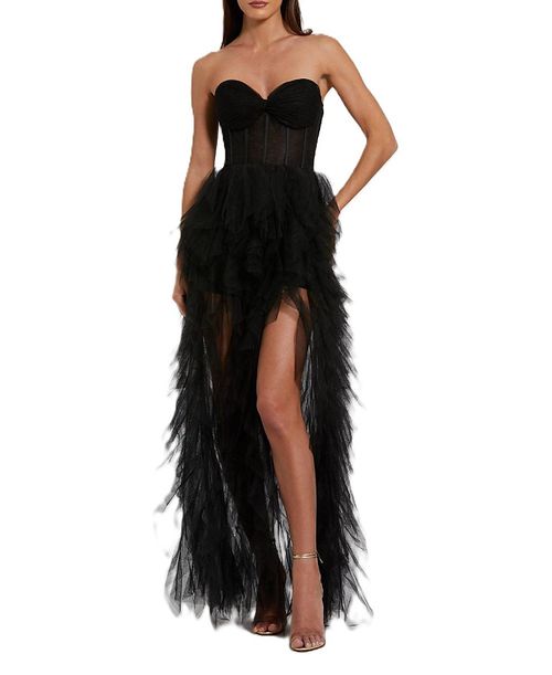 Strapless Bustier Net Gown With Spiral Ruffles