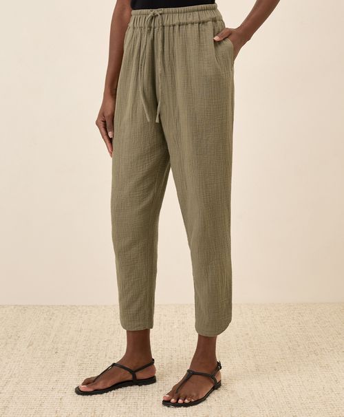 Women's Khaki Green Coastal Double Gauze Tapered Pull-On Pant