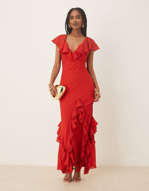 Uma cap sleeve ruffle maxi dress in red