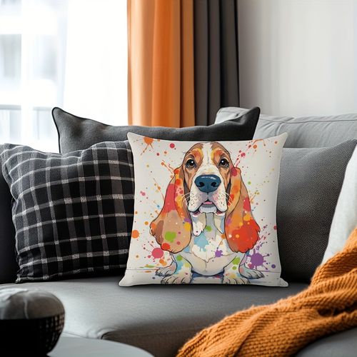 TEMU , Square Pillow Cover,a Cartoon-style Illustration Of A Basset Sitting Of Splatter Background, Printed Material, Short Plush Cushion Cover