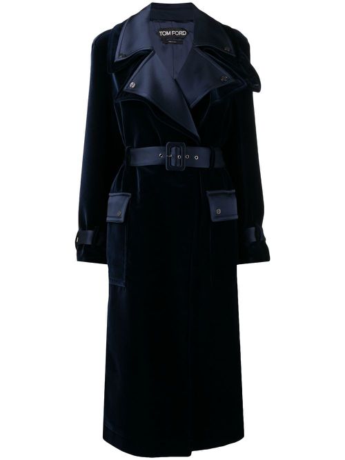Notched-lapels belted coat - Blue