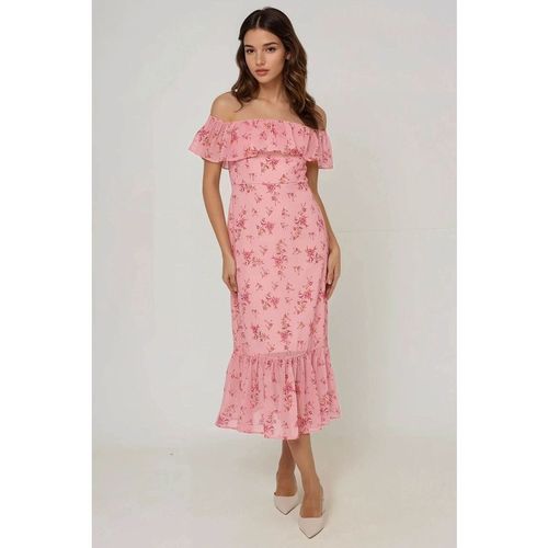 Hiccup Womens Off Shoulder Flower Pattern Bodycon Midi Dress - Pink - Large