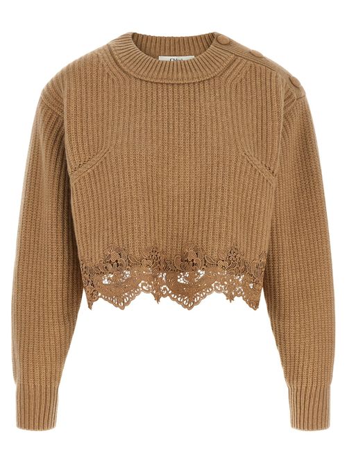 Lace-Trimmed Ribbed Knit Sweater — Camel