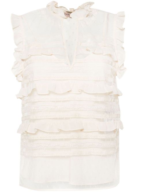 Floral-lace sleeveless blouse - Neutrals