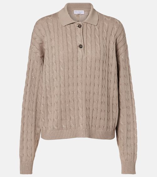 Cable-knit cotton-blend polo sweater