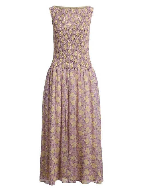 Women's Katie Floral Smocked Midi-Dress - Soft Bloom Purple Yellow