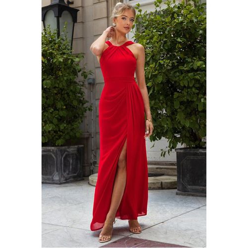 Goddiva Halterneck Thigh Split Chiffon Maxi Dress - Red