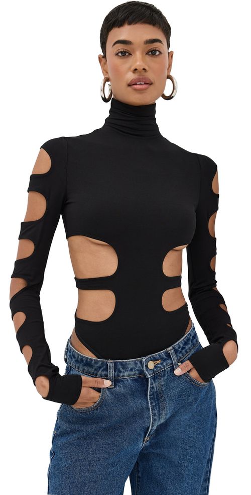 Mock Neck Bodysuit with Cut Out Details Black