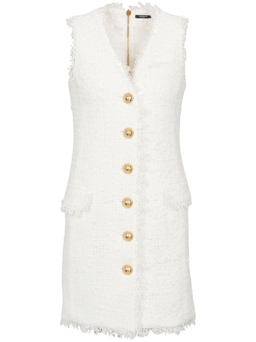 V-neck buttoned tweed minidress - White