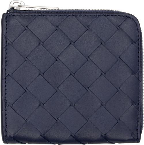 Navy Intrecciato Square Zip Around Wallet