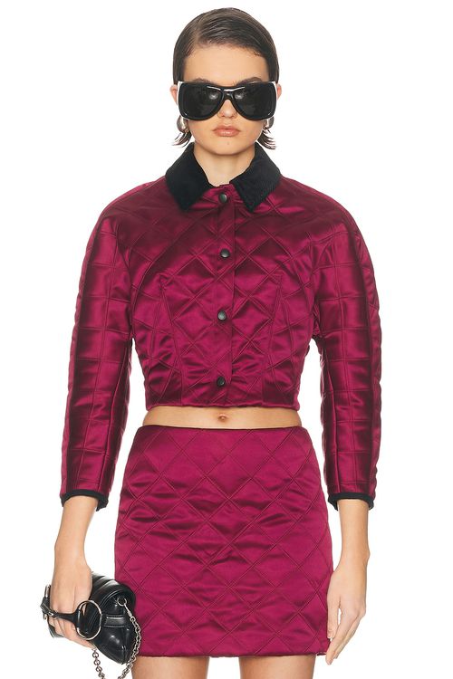 Atlein Cropped Quilted Jacket in Burgundy & Black - Burgundy. L also in