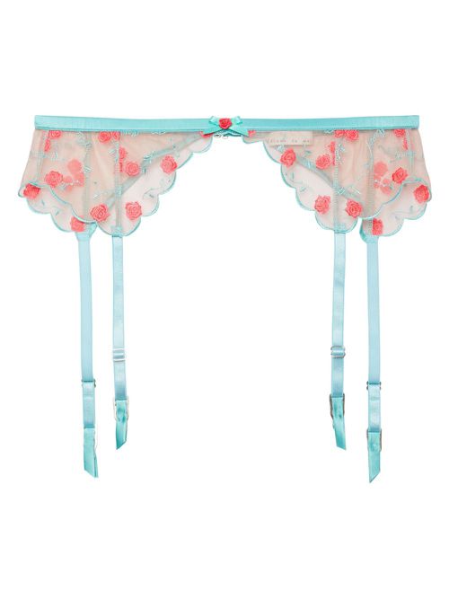 Rose and Vine silk embroidery garter - Blue