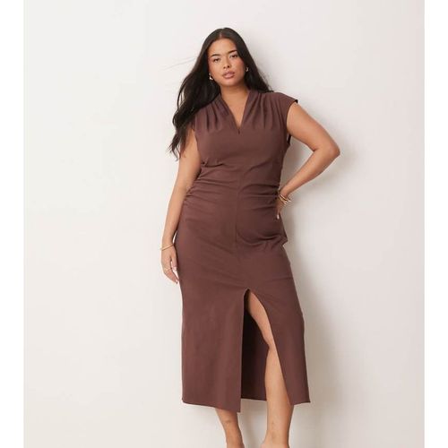 ASOS CURVE Womens DESIGN v neck pleated shoulder ruched waist bengaline midi dress in chocolate - Brown