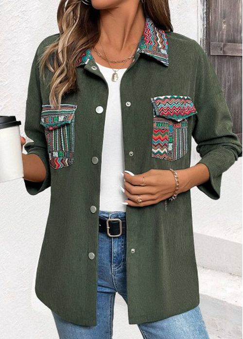 Modlily Green Corduroy Tribal Print Long Sleeve Coat