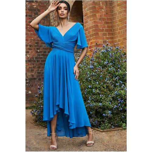 Goddiva Pleated Chiffon High Low Midi Dress - Atlantic Blue
