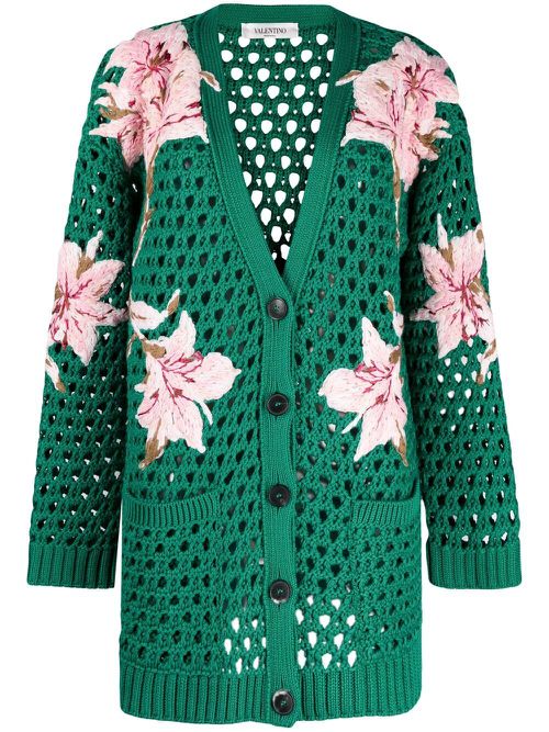 Valentino Garavani lilium-embroidered cotton cardigan - Green