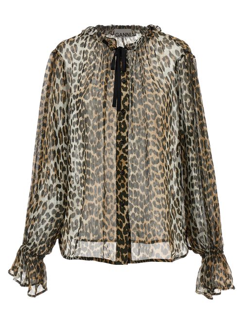 Leopard Print Chiffon Tie String Shirt
