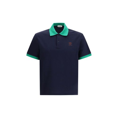 Cotton Piqué with Embroidered Medusa Polo Shirt — Navy