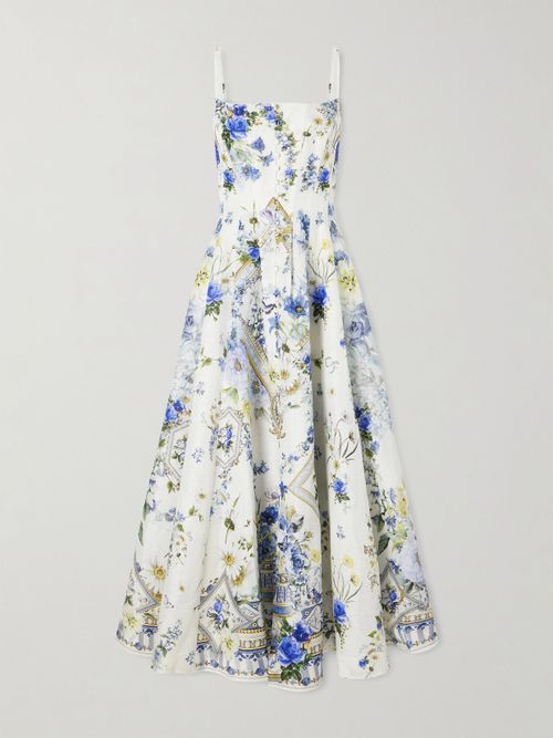 Embellished Floral-print Linen And Silk-blend Midi Dress