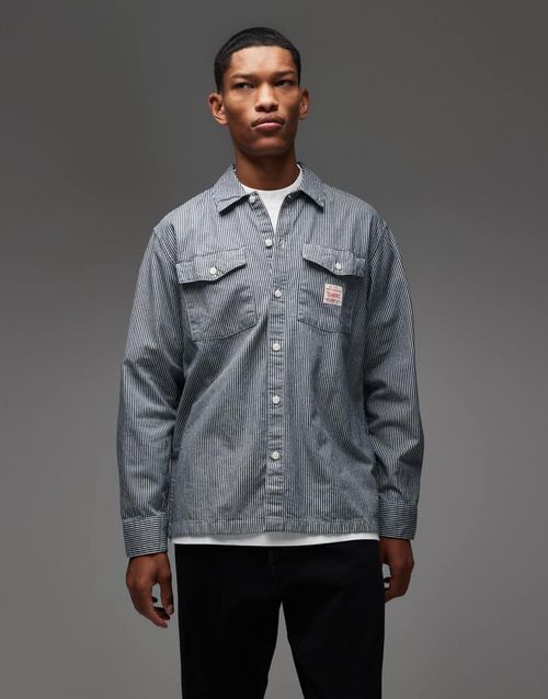Workwear Capsule label logo stripe denim worker shirt in navy